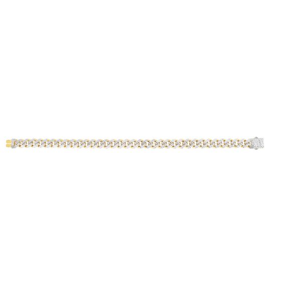 Yellow gold Cuban link chain with diamond accents on a white background.