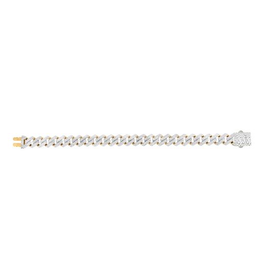 Yellow gold Cuban link chain with diamond accents on a white background.