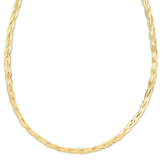 14K Yellow Gold Braided Herringbone Fancy Chain with Lobster Clasp on a white background